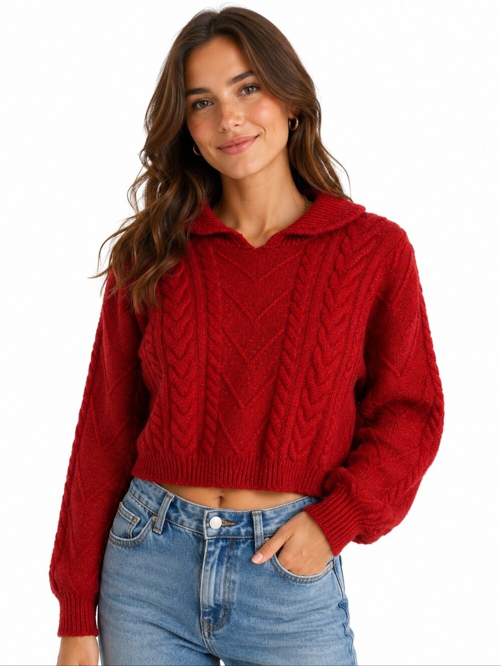 Willow & Wind Cable Knit Cropped Sweater Red Mock Neck Cozy Cottagecore XS
